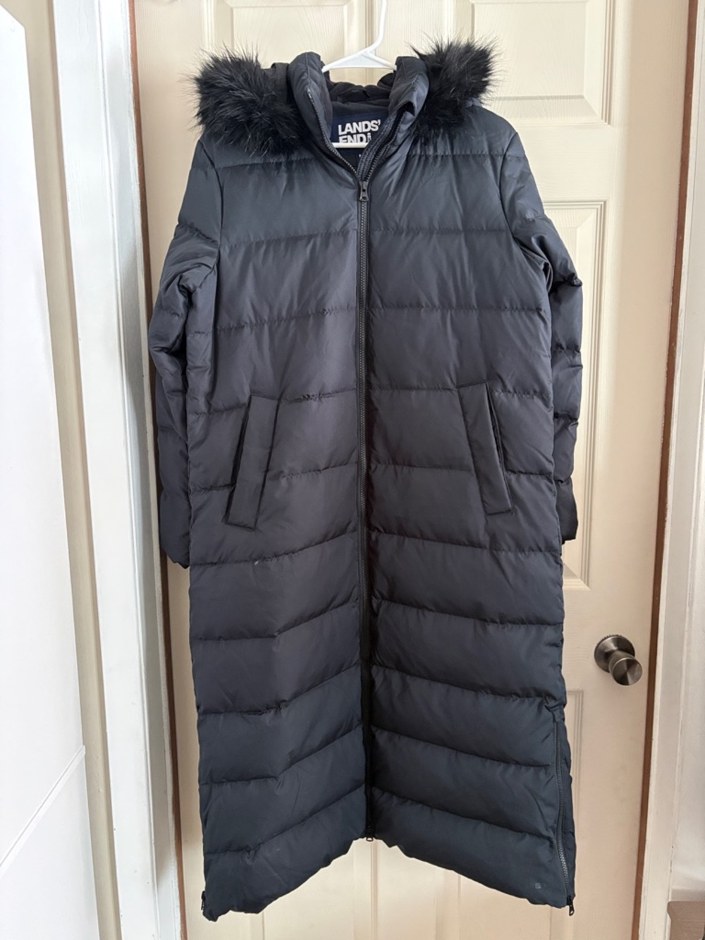 Lands' End Women's Black Long Quilted Puffer Coat with Faux Fur Hood - Size M/P